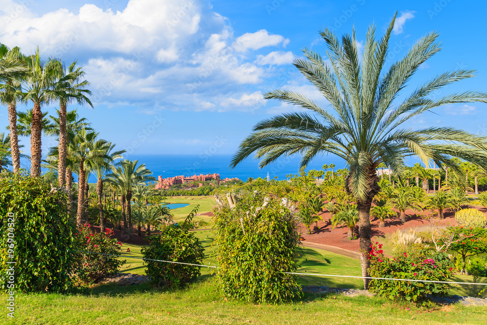 Tropical gardens of a luxury hotel which is located on a golf course on Tenerife, Canary Islands, Spain.