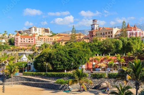 A view of luxury hotels on El Duque beach on southern coast of Tenerife, Canary Islands, Spain photo