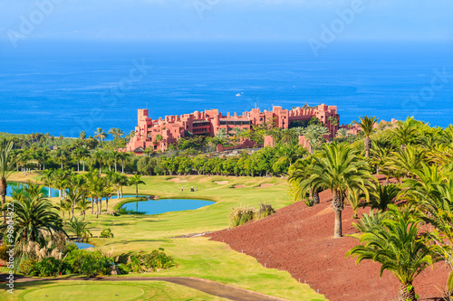 A view of luxury hotel which is located on a golf course in tropical gardens on Tenerife, Canary Islands, Spain