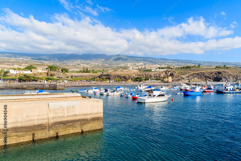 Boats in San Juan port with mountains in background, Tenerife, Canary Islands, Spain