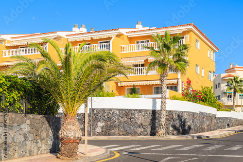 Yellow building with holiday apartments in San Juan town, Tenerife, Canary Islands, Spain