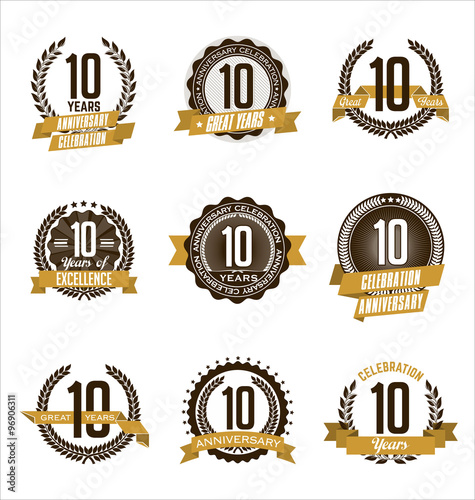 Vector Set of Retro Anniversary Gold Badges 10th Years Celebrating