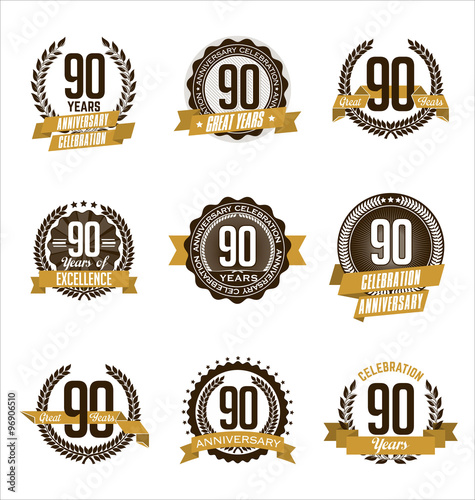 Vector Set of Retro Anniversary Gold Badges 90th Years Celebrating
