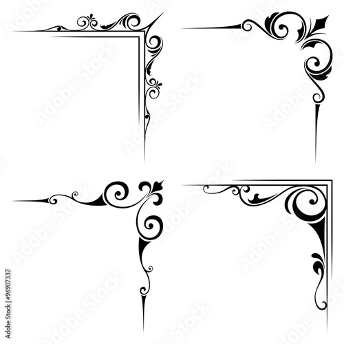 Vector set of four calligraphic decorative black corner elements isolated on a white background. photo