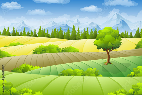 Summer landscape with fields, trees and mountains