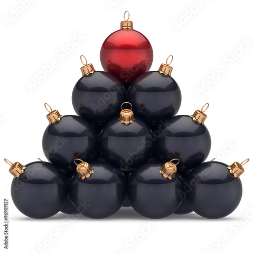 Pyramid christmas balls black leader red on top first place winner New Year's Eve baubles group decoration. Compare leadership hierarchy success Happy Merry Xmas wintertime business concept. 3d render