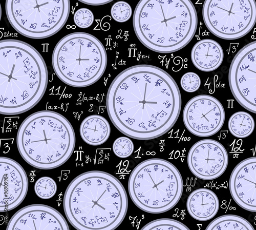 Math vector endless texture with mathematical clocks, formulas and equations