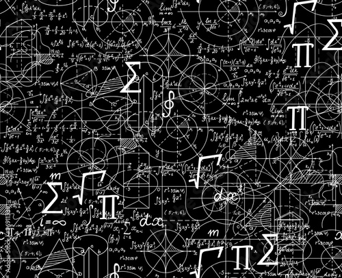 Math scientific vector seamless pattern with formulas, figures, plots shuffled together