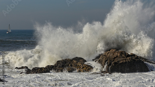 Splashing waves against rocks