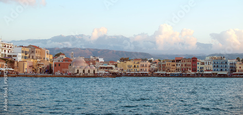 Scenic view of cityscape and bay. Chania, Greece.