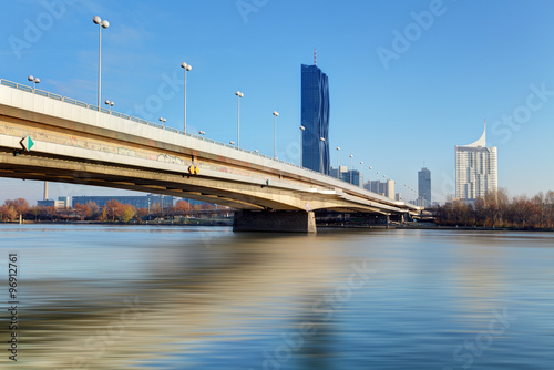 Photography View modern city with Danube river in Vienna, Austria