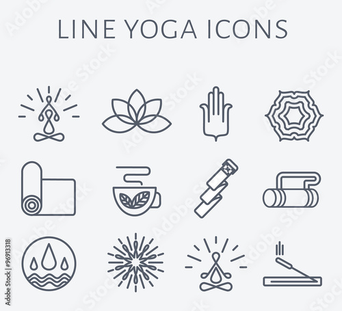 Set of 12 line Yoga icons.