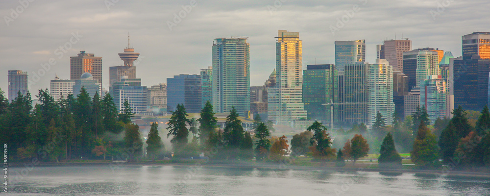 Naklejka premium Vancouver Cityscape ze Stanley Park / Patrząc na południe w kierunku miasta Vancouver z portu Vancouver. Drzewa są częścią Stanley Park.