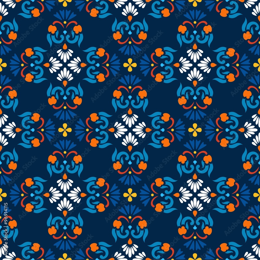 Background, blue seamless pattern with white flowers. 
