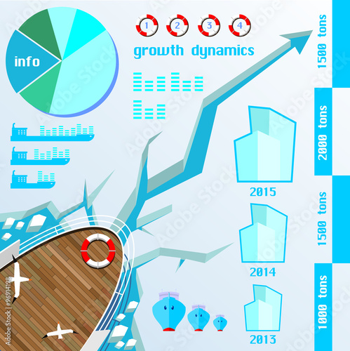 Set of information elements. Set of information signs and graphics on the theme of maritime transport.