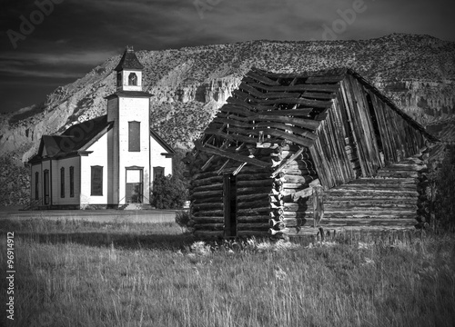 Fototapeta Old Emery Meeting House and settler cabin in Black and White