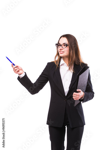 Young and attractive business woman in glasses isolated on white. Thinking and successful look.