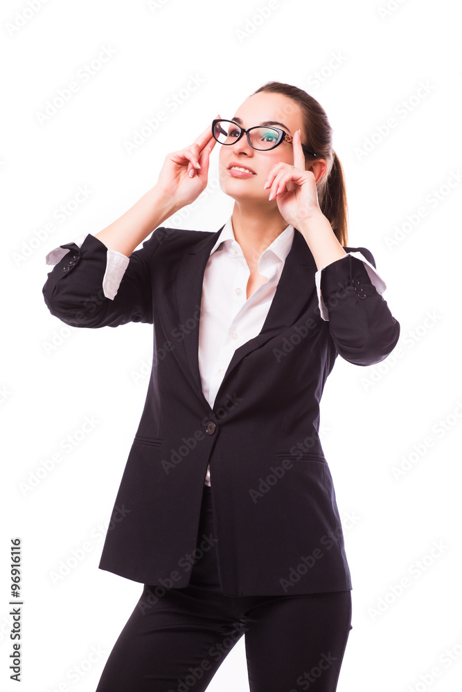 Young and attractive business woman in glasses isolated on white. Thinking and successful look. Young and attractive business woman in glasses isolated on white. Thinking and successful look.