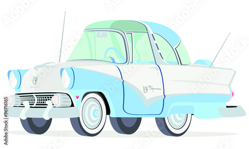 Caricatura Ford Fairline Crown Victoria azul y blanco vista frontal y lateral