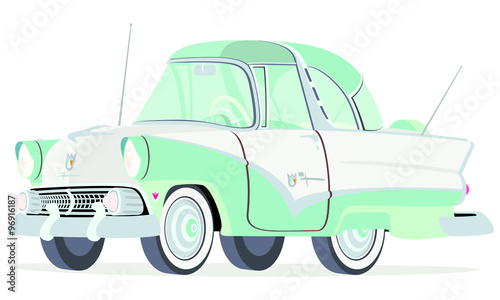 Caricatura Ford Fairline Crown Victoria verde y blanco vista frontal y lateral
