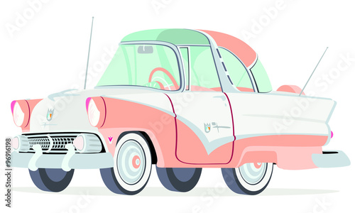Caricatura Ford Fairline Crown Victoria rosa y blanco vista frontal y lateral