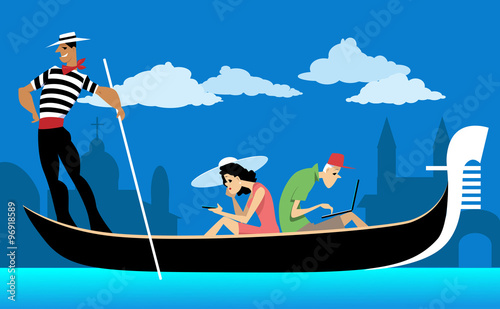 Couple of tourists riding a Venetian gondola, staring at their wifi gadgets, ignoring the scenery, EPS 8 vector illustration, no transparencies