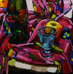 Oil painting. Still life with a bottle, a glass, an apple on a colored tissue