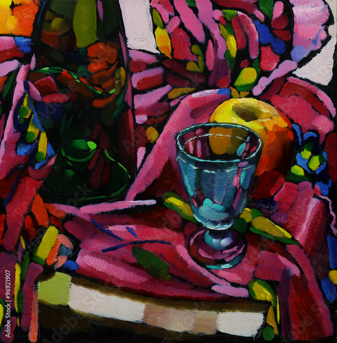 Oil painting. Still life with a bottle, a glass, an apple on a colored tissue