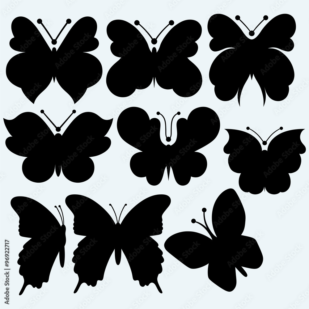 Set icon butterfly. Isolated on blue background. Vector silhouettes