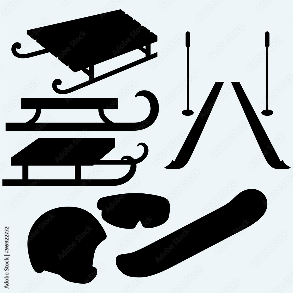 Set equipment for snowboarding, pair skis and wooden sled. Isolated on blue background. Vector silhouettes Set equipment for snowboarding, pair skis and wooden sled. Isolated on blue background. Vector silhouettes