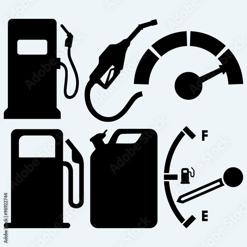 Gas tank, gas station and jerrycan. Isolated on blue background. Vector silhouettes