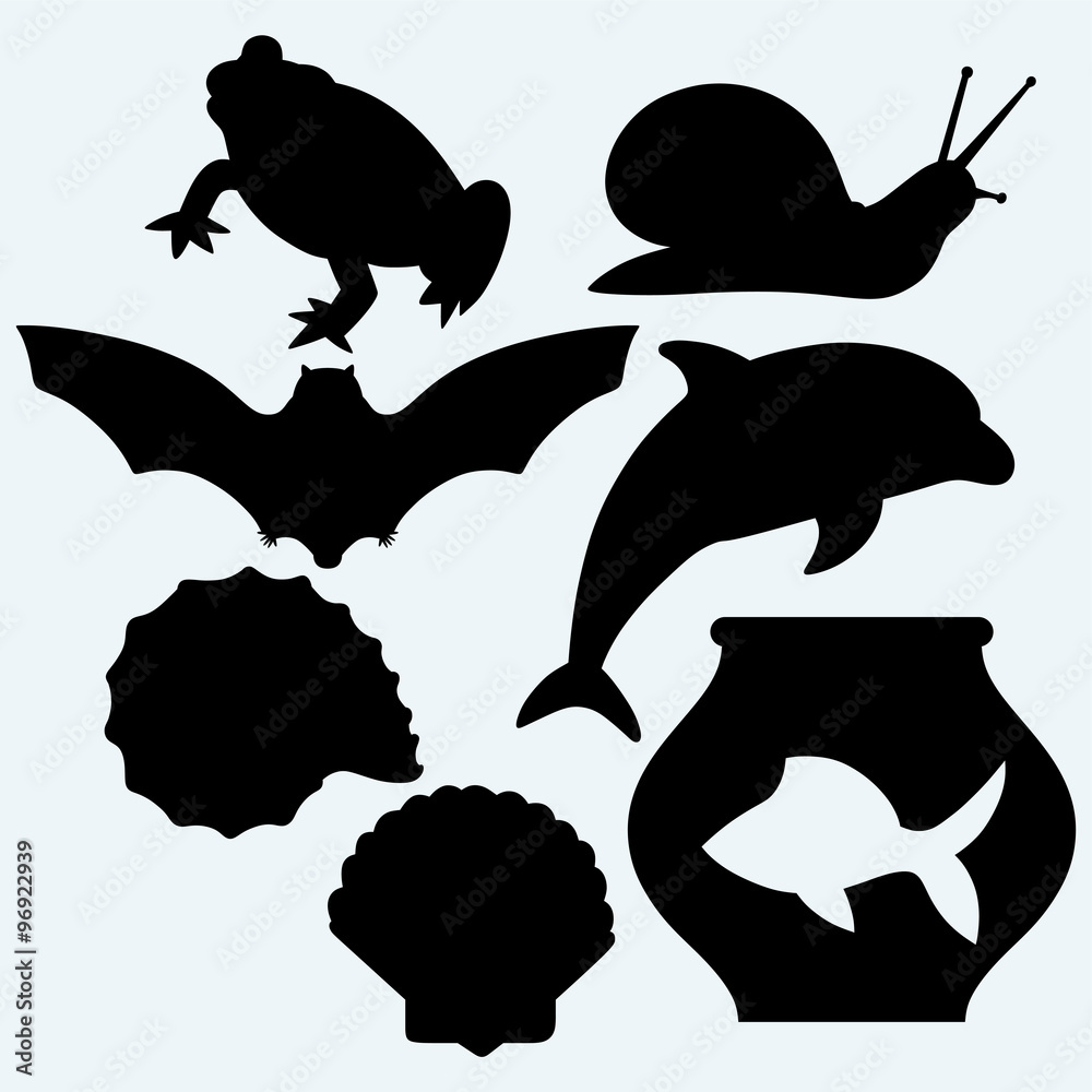 Fototapeta premium Dolphin jumping, fish in aquarium, frog, bat, garden snail and sea snail. Isolated on blue background. Vector silhouettes