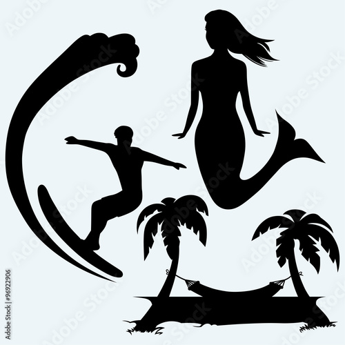 Surfer on ocean wave, cute mermaid and romantic hammock between palm trees. Isolated on blue background. Vector silhouettes
