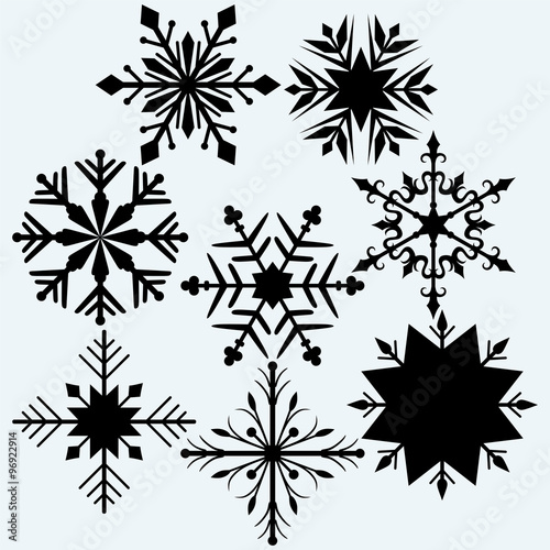 Set snowflake. Isolated on blue background. Vector silhouettes