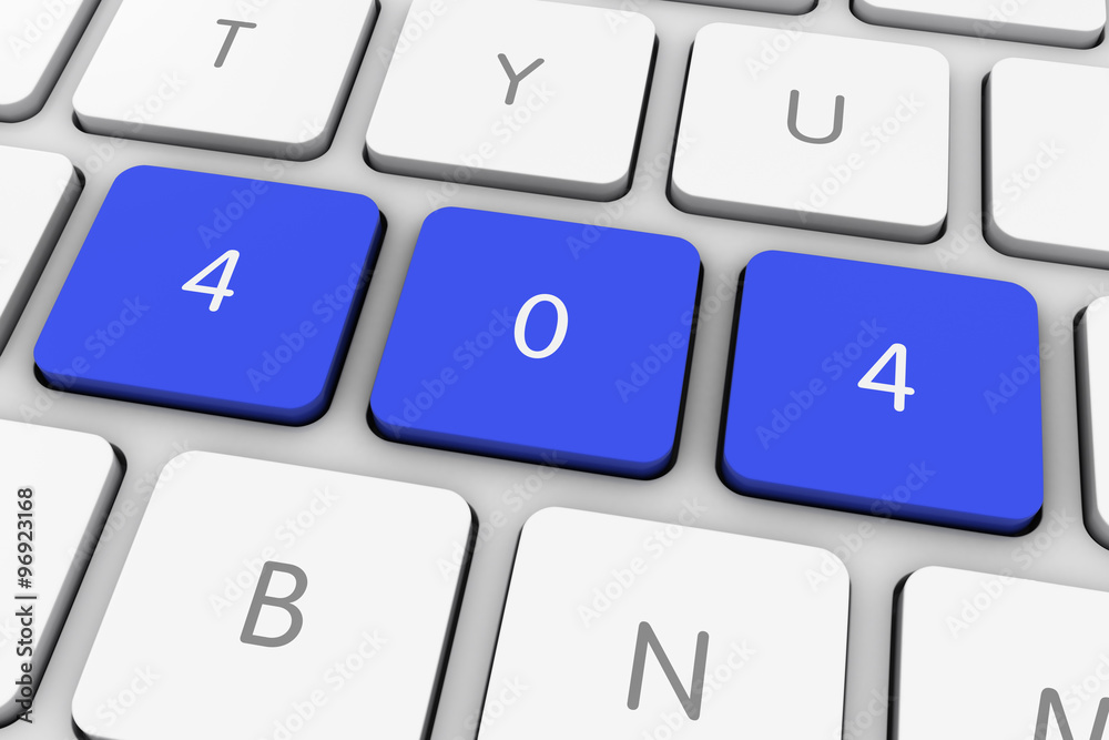 Blue 404 Page Not Found Computer Keys on White Keyboard Blue 404 Page Not Found Computer Keys on White Keyboard