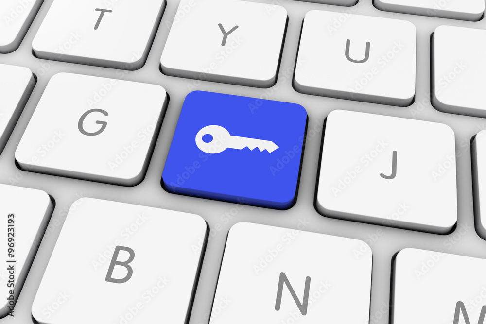 Blue Key Icon Button on White Keyboard Blue Key Icon Button on White Keyboard
