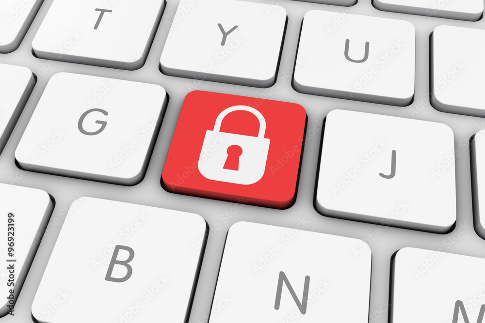 Red Padlock Icon Computer Key on White Keyboard Red Padlock Icon Computer Key on White Keyboard