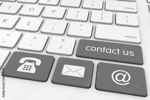 Grey 'Contact Us' Phone/Mail/Email Icons Computer Keys on White Keyboard