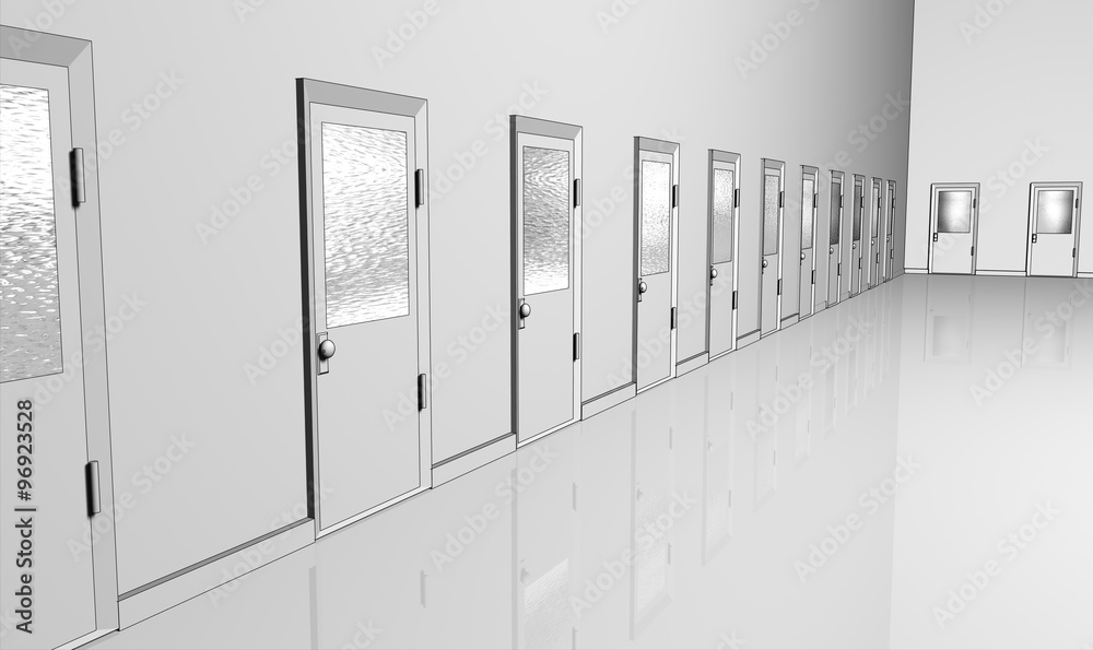 Illustration of many office doors lining a hallway Illustration of many office doors lining a hallway