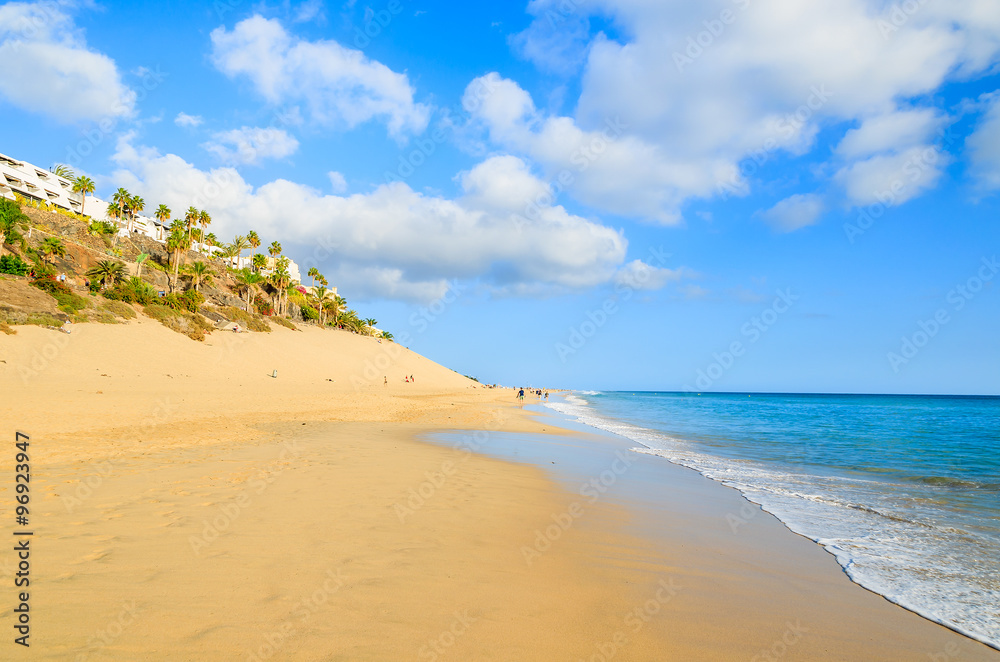 Beautiful sandy Morro Jable beach with ocean wave, Fuerteventura, Canary Islands, Spain