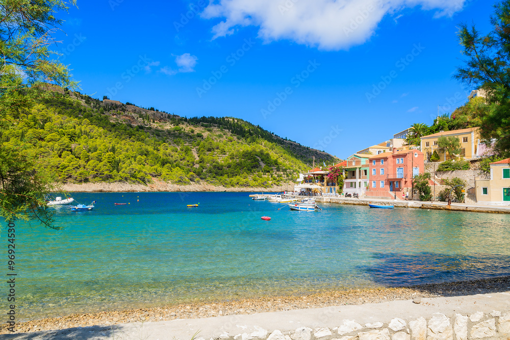 Beautiful beach in Assos fishing village on coast of Kefalonia island, Greece