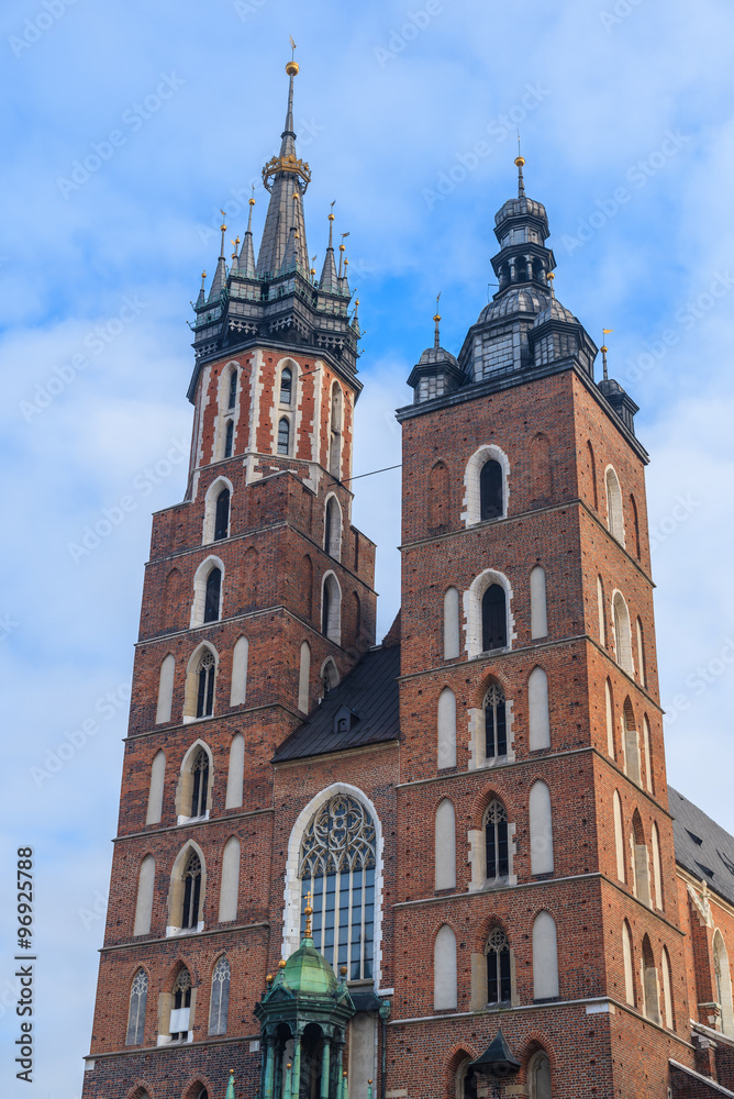 Towers of Mariacki church in Krakow, Poland