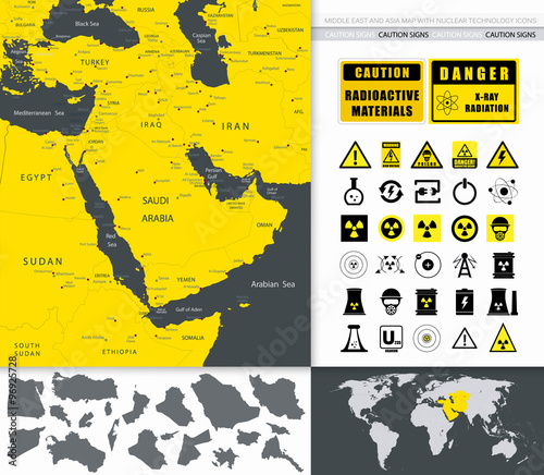 Middle East And Asia Map And Nuclear Technology Icons
