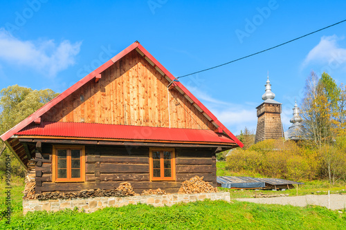 Typical wooden house in Beskid Niski Mountains in autumn season, Poland