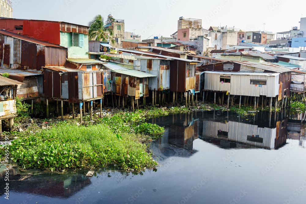 Colorful squatter shacks at Slum Urban Area in Ho Chi Minh City