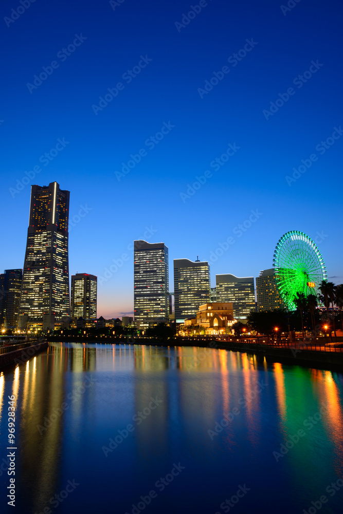 Naklejka premium Skyscrapers at Minatomirai, Yokohama at dusk