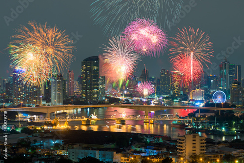 Beautiful fireworks celebrating new year along Chao Phraya River