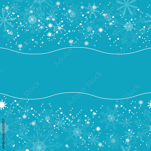 Winter background of beautiful white snowflakes on a blue background. For postcards, greetings, and inscriptions.
