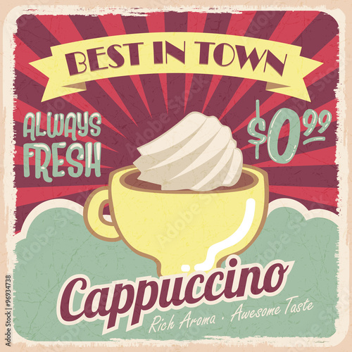 Old vintage coffee poster, retro style, Cappuccino love concept