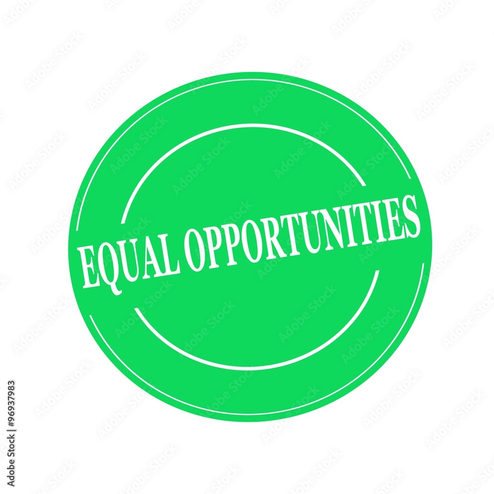 EQUAL OPPORTUNITIES white stamp text on circle on green background